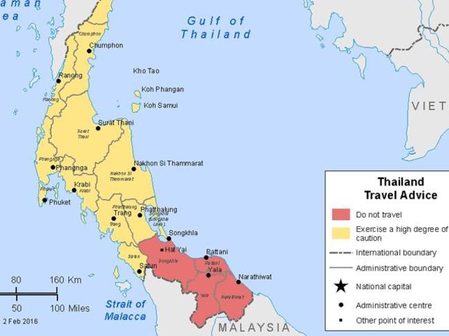 DFAT have advised Australians not to travel to Thai areas of Yala, Pattani, Narathiwat and Songkhla after deadly bombings. Picture: DFAT