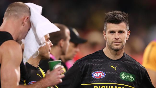 ADELAIDE, AUSTRALIA - APRIL 14: Trent Cotchin of the Tigers at 3 quarter time subbed out of the game during the 2023 AFL Round 05 match between the Sydney Swans and the Richmond Tigers at Adelaide Oval on April 14, 2023 in Adelaide, Australia. (Photo by Sarah Reed/AFL Photos via Getty Images)