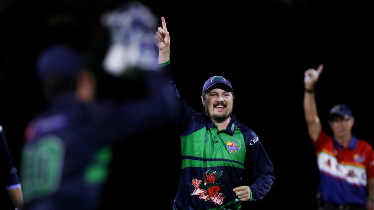 T20 Barrier Reef Big Bash: Designer First Homes Dare Devils v Halpin Hurricanes at Griffiths Park. Dare Devils' Thomas Level takes a wicket. Picture: Stewart McLean