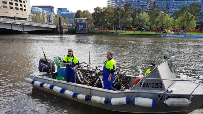 oBikes being recovered from the Yarra River. Picture: oBike Australia