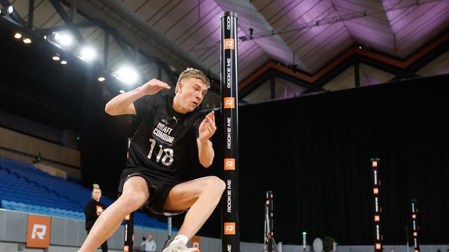 Nate Caddy completes the agility test at the draft combine. Picture: Getty Images