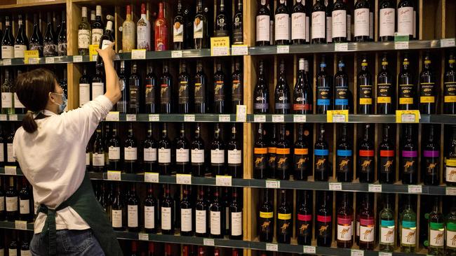 Australian-made wine for sale at a store in Beijing. The Australian wine industry is now bracing for new tariffs on its Chinese exports. Picture: AFP