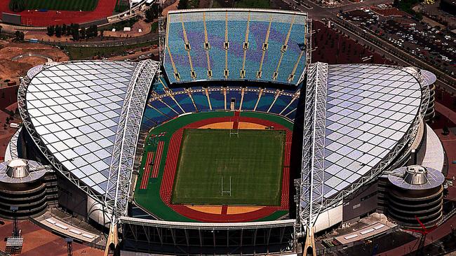 An aerial view of the Sydney 2000 Olympic Stadium, which had a capacity of 115,000 during the Games and continues to host major events with an 85,000 capacity.