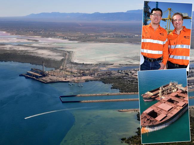 The old Port Augusta power station site will be turned into a port for shipping iron ore under plans by new owner Cu-River Mining Australia. Inset, the company’s corporate service manager Leo Liu and logistics manager Mark Hoepfl, and an example of how the iron ore would be trans-shipped to a larger vessel in Spencer Gulf. 