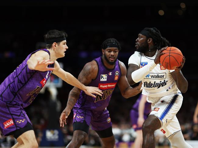 Montrezl Harrell shapes to pass to a 36ers teammate. Picture: Getty Images