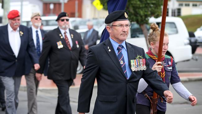 The Cygnet Anzac Day parade marching towards the Cenotaph. Picture: PATRICK GEE