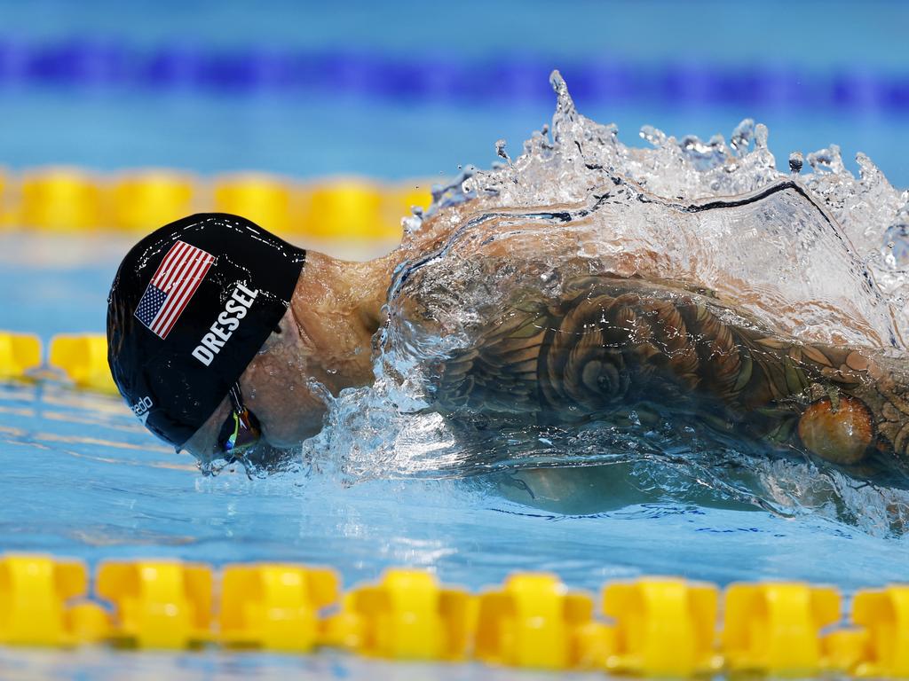 The USA’s Caeleb Dressel wins gold in the final of the mMens 100m butterfly at the Tokyo Aquatics Centre. Picture: Alex Coppel