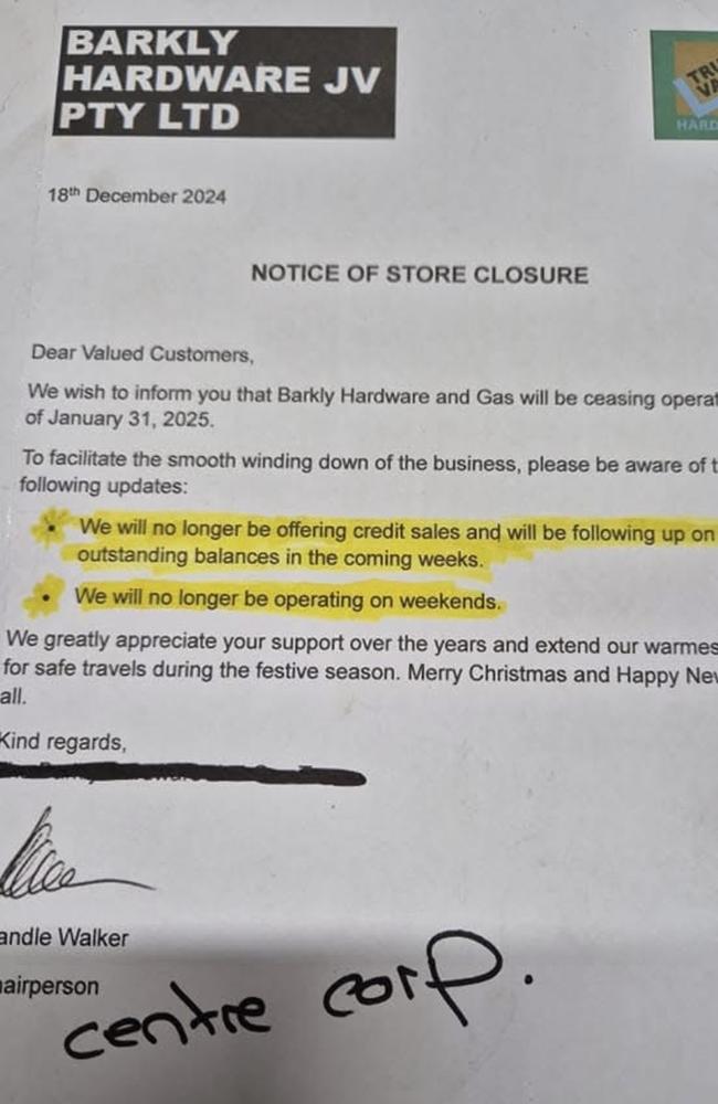 A leaked letter on social media said Barkly Hardware and Gas would cease trading January 31, 2025. Picture: Supplied