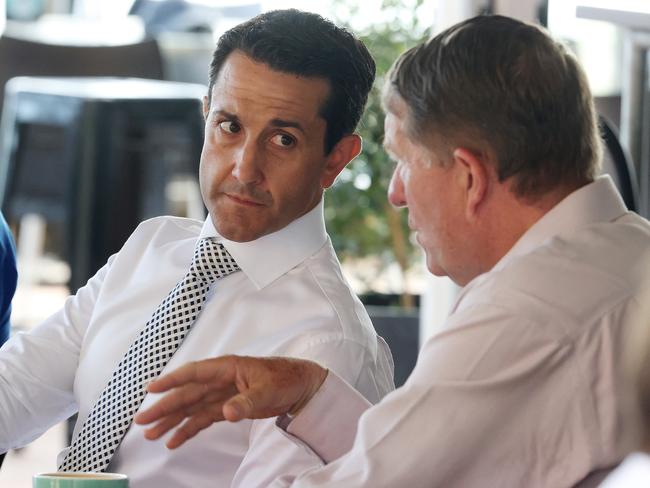 Leader of the Opposition David Crisafulli and David Lee LNP candidate for Hervey Bay, visit Aqua Vue cafe, Hervey Bay. Picture: Liam Kidston