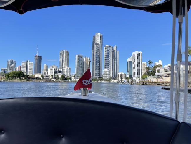 The Surfers Paradise skyline as seen from the bow of a Duffy's Down Under electric boat. Picture: Logan O'Brien