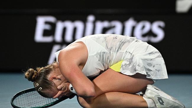 Russia's Anna Blinkova celebrates after victory against Kazakhstan's Elena Rybakina in their women's singles match on day five of the Australian Open tennis tournament in Melbourne on January 18, 2024. Picture: Anthony Wallace / AFP,