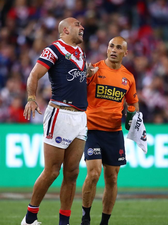 This is the moment Blake Ferguson sought help from a trainer after breaking his leg. Picture: Getty