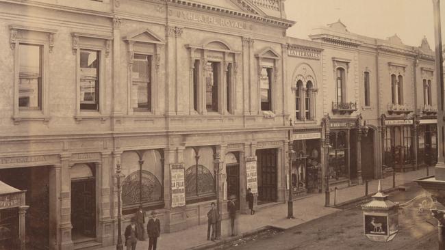 The Theatre Royal on Hindley St, 1881. Next door are Adelaide chemist and cordial maker A.M. Bickford &amp; Sons and the Miller Anderson drapery and department store. Picture: Mossgreen Auctions.