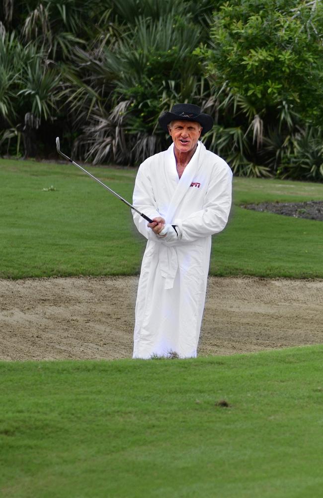 Greg Norman covers up in a robe. Picture: Eric Lutzens /ESPN The Magazine