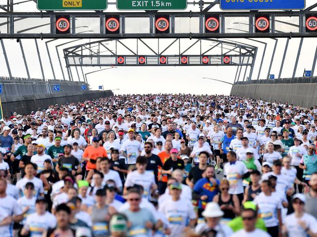 Runners and Walkers coming down the bridge for the  Bridge 2 Brisbane fun run.Sunday August 28, 2022. Picture, John Gass