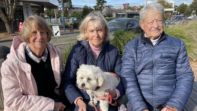 Gladstone Park’s Cathy Harrison, with Mornington couple Margaret and Henry Grossbard with dog Coco Chanel talk about how the cost of living has changed their spending habits. Picture: Lucy Callander