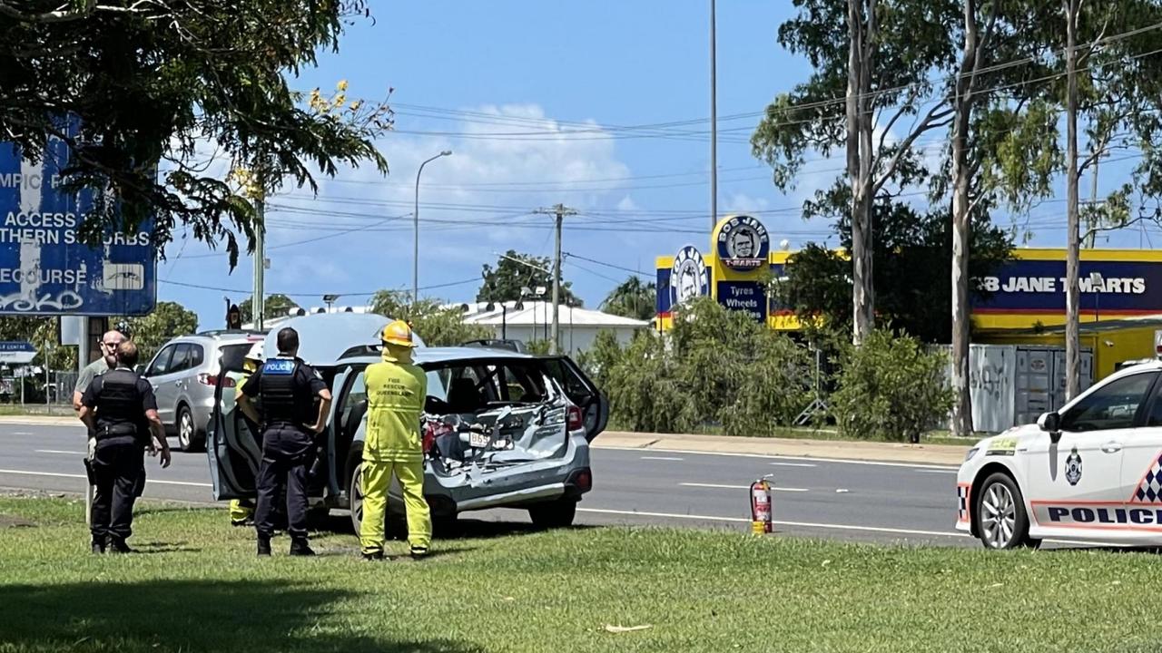 A lucky escape for five people after a horror two car crash outside Godfreys in Bundaberg on Sunday, February 4, 2024. Picture: Nicole Strathdee