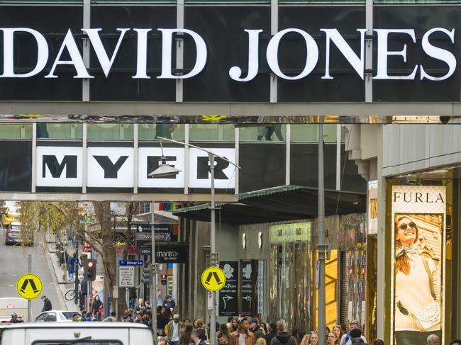 Melbourne, Australia - Jul 2, 2016: People walking along Little Bourke street in downtown Melbourne, Australia. It is a popular shopping area with major department stores such as Myer and David Jones.