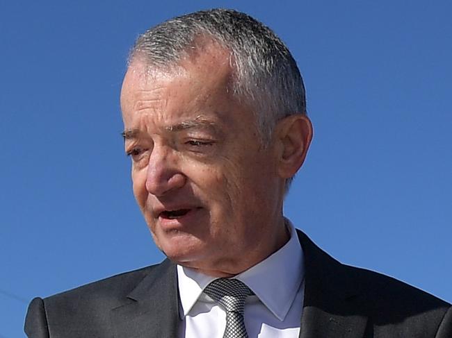 (L-R) Chairman of ANI Lucio Di Bartolomeo, Federal Minister for Defence Industry Christopher Pyne and Federal Minister for Finance Mathias Cormann view a model of the proposed building upgrades at the Osborne South Naval Shipyard, South Australia, Thursday, August 24, 2017. The federal government has revealed the final design and turned the first sod on a major expansion of the naval shipbuilding precinct in Adelaide. (AAP Image/David Mariuz) NO ARCHIVING