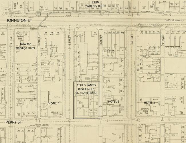 The Collis homes were on Perry St between three pubs known to trade outside licencing hours. They can be seen marked out here using a Metropolitan Board of Works Map from 1899.