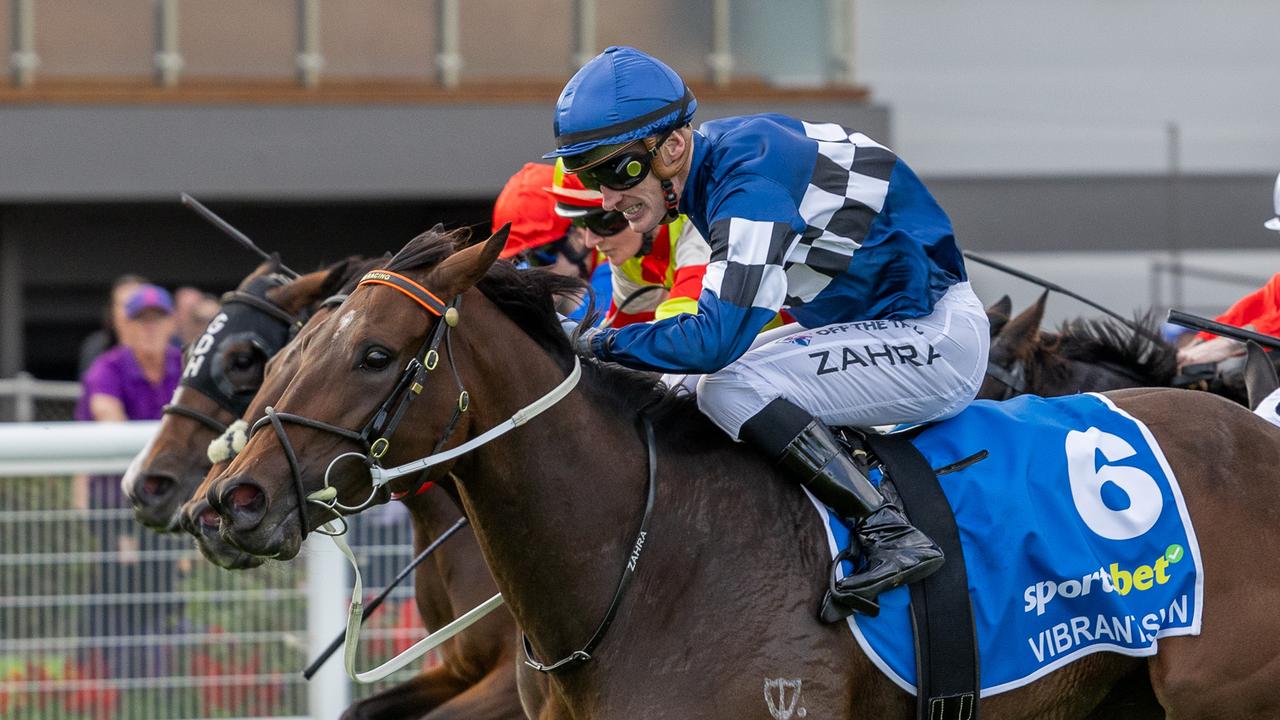 Mark Zahra urges Vibrant Sun to victory in the Group 1 Australasian Oaks at Morphettville. Picture: Makoto Kaneko