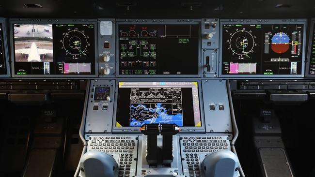 Flight controls inside a cockpit on an Airbus A350-1000 aircraft. PHOTO: SEONGJOON CHO