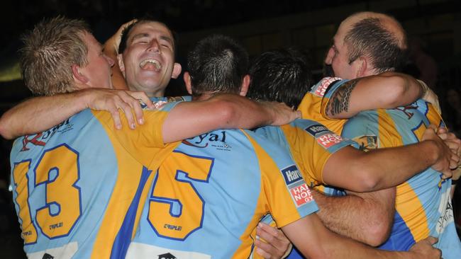 The team celebrates Darren Burns second and match winning try.