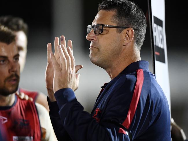 Jade Rawlings coach of Norwood during the  SANFL match between West Adelaide and Norwood at Richmond Oval.Friday,April,23,2021.Picture Mark Brake