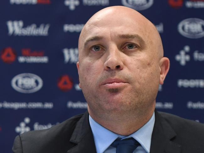Football Federation Australia CEO David Gallop (left) and Professional Footballers Association CEO John Didulica address the media during a press conference in Sydney, Monday, September 11, 2017. Westfield W-League players will receive a significant pay increase and improved employment conditions following a landmark collective bargaining agreement between Football Federation Australia, the Westfield W-League clubs and Professional Footballers Australia. (AAP Image/Dean Lewins) NO ARCHIVING