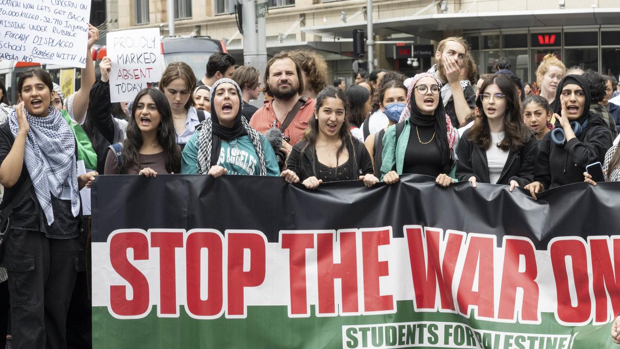 Students from Sydney walk out of high schools across the city to demand justice for Palestine. Picture: NCA NewsWire / Monique Harmer