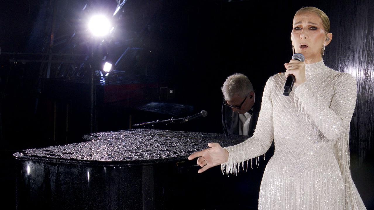 Canadian Singer Celine Dion performing on the Eiffel Tower during the opening ceremony of the Paris 2024 Olympic Games. Picture: AFP