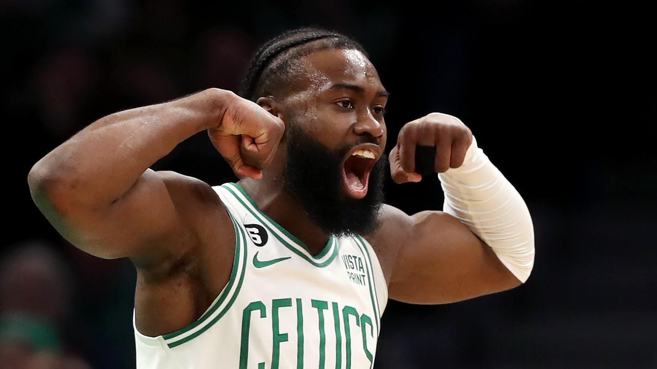 BOSTON, MASSACHUSETTS - FEBRUARY 01: Jaylen Brown #7 of the Boston Celtics celebrates after scoring against the Brooklyn Nets during the first half at TD Garden on February 01, 2023 in Boston, Massachusetts. NOTE TO USER: User expressly acknowledges and agrees that, by downloading and or using this photograph, User is consenting to the terms and conditions of the Getty Images License Agreement. (Photo by Maddie Meyer/Getty Images) *** BESTPIX ***