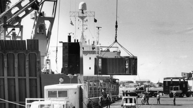 The first containers of uranium yellowcake from Roxby Downs being loaded aboard the ship Mareike at Port Adelaide for shipping to Europe in 1988.