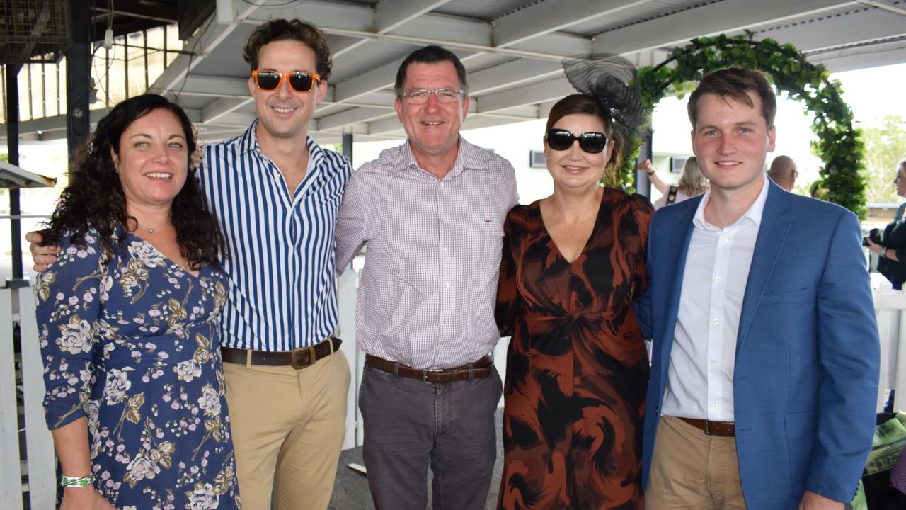 Lisa Norris, Robert Rooney, David French, Diane Booth and Hayden Searles at the St Patrick’s Day races in Rockhampton on March 12, 2022. Picture: Aden Stokes