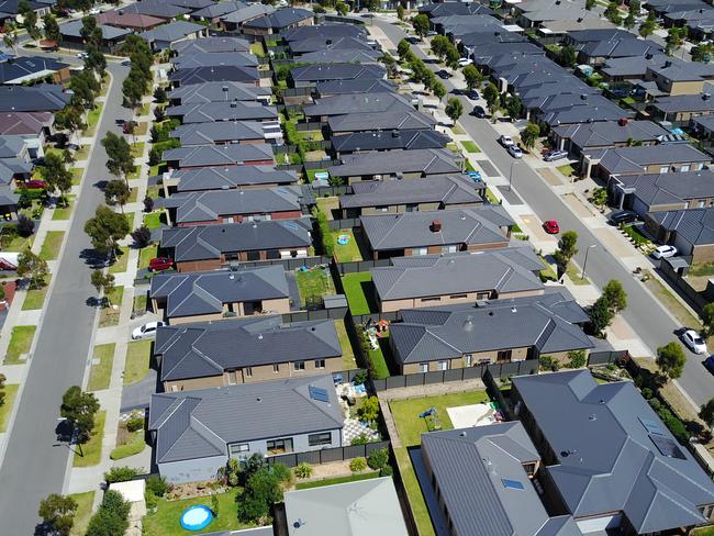 Backyards are shrinking! The Karabatak family of  Craigieburn and their small backyard. Aerial view of Craigieburn houses. Picture: Alex Coppel.