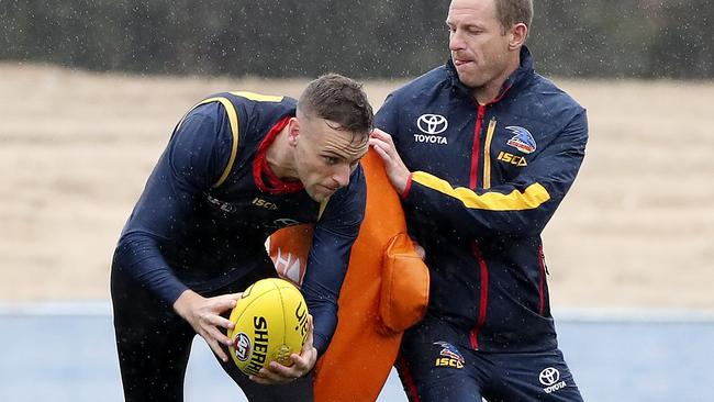 Brodie Smith being put through his paces at Crows training.