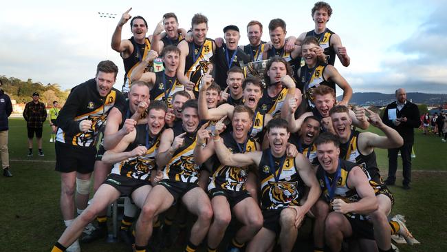 Tigers players celebrate the 2023 TSL grand final win over North Launceston. Picture: Nikki Davis-Jones