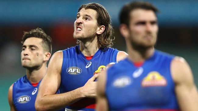 Luke Dahlhaus, Marcus Bontempelli and Easton Wood and the Bulldogs looked second rate against the Swans. Picture: Getty Images