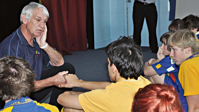 Matthew Stanley Foundation founder Paul Stanley describes to Gilroy Santa Maria student Sam Barbi how he held his son's hand shortly before his death. Picture: Christie Anderson