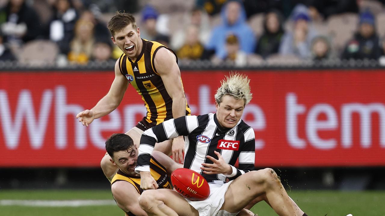 Jack Ginnivn was denied a free kick late in the piece. Picture: Darrian Traynor/Getty Images