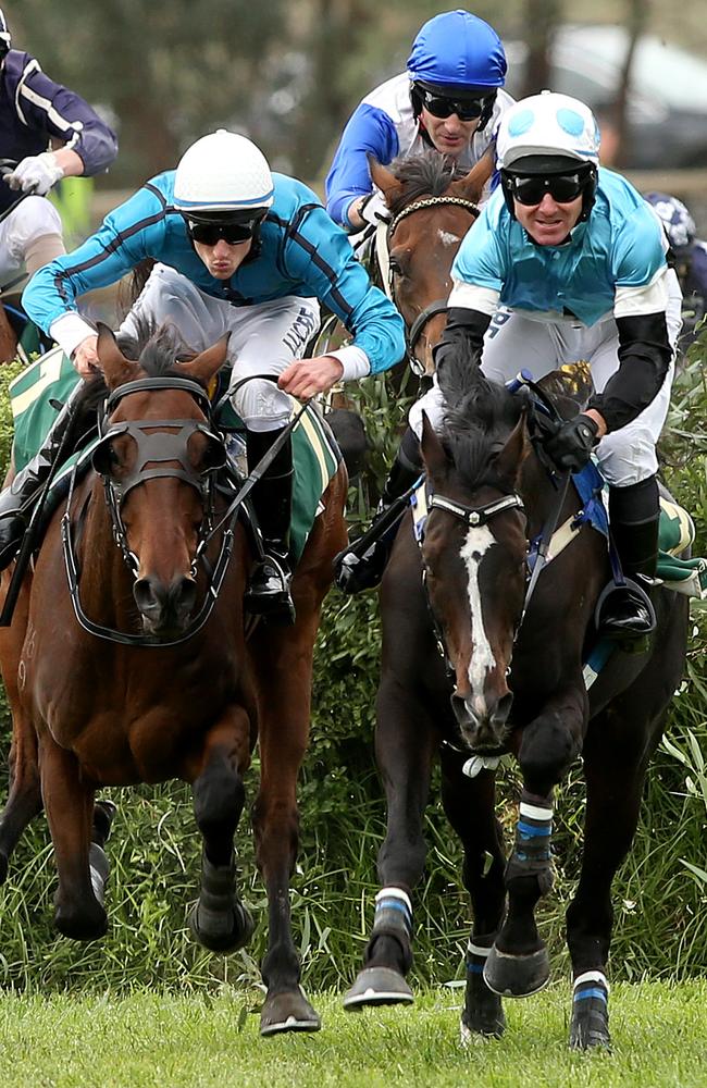Paul Hamblin and Nishiazabu (right) assert their authority in the Von Doussa Steeplechase at Oakbank this year. Picture: Tait Schmaal