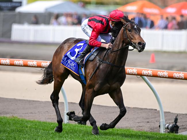 MELBOURNE, AUSTRALIA - OCTOBER 08: Blake Shinn riding King's Gambit winning Race 1, the Magic Millions Debutant Stakes, during Caulfield Guineas Day at Caulfield Racecourse on October 08, 2022 in Melbourne, Australia. (Photo by Vince Caligiuri/Getty Images)