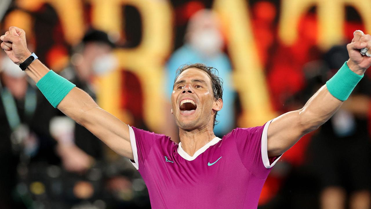 Rafael Nadal celebrates his win. (Photo by Martin KEEP / AFP)