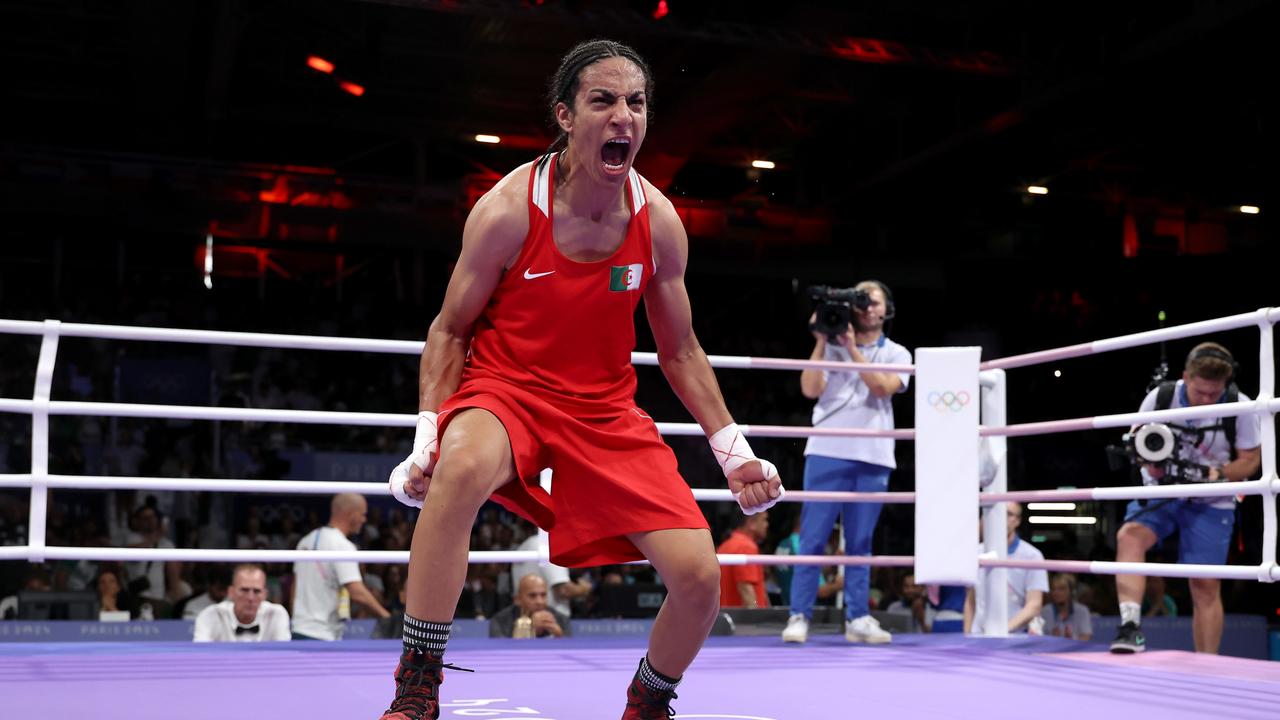 Imane Khelif of Team Algeria celebrates victory against Anna Luca Hamori of Team Hungary. Picture: Getty