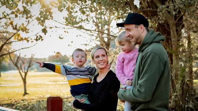 Australian NBA star Joe Ingles with his wife Renae and their three-year-old twins Jacob and Milla in Utah. Picture: Supplied