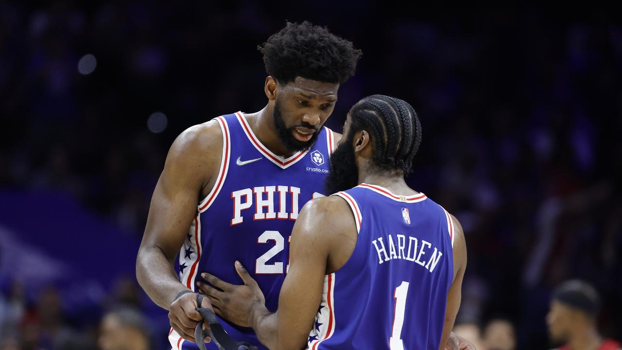 Joel Embiid and James Harden. Photo by Tim Nwachukwu/Getty Images.