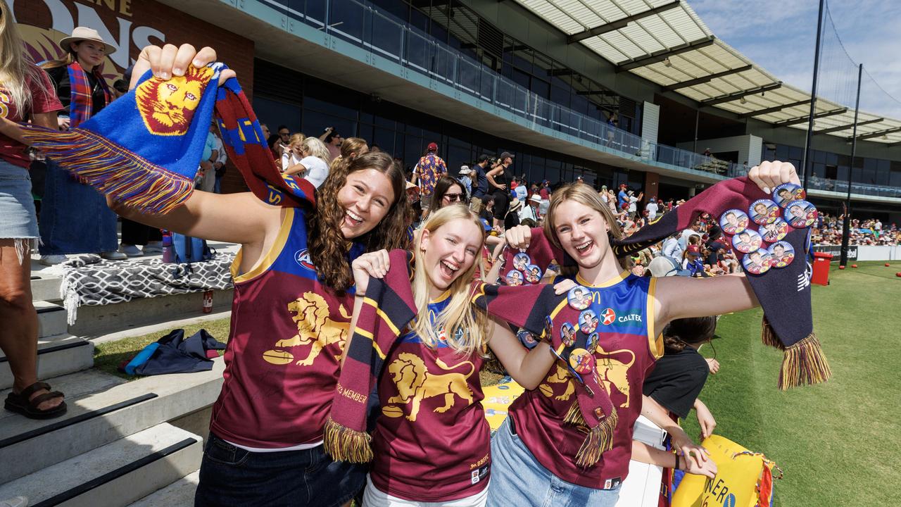 Lions fans Taylor Fletcher, 15, Sinead Slape, 15, and Sara Murray, 16. Picture Lachie Millard