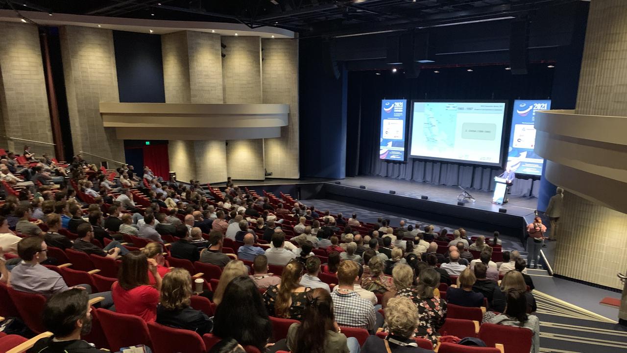 Kerry Whitby delivers a lecture on the history of coal exploration in Queensland on the first day of the Bowen Basin Symposium at the MECC. Picture: Duncan Evans