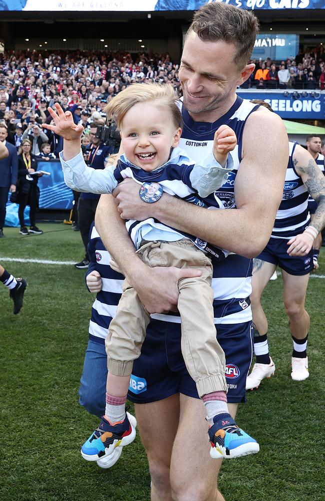 Joel Selwood with an excited Levi Ablett. Picture: Michael Klein