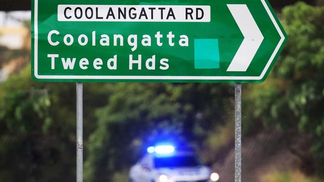 A Queensland Police car sits on the NSW border of NSW on the M1 Highway at Bilinga. Picture: Scott Powick